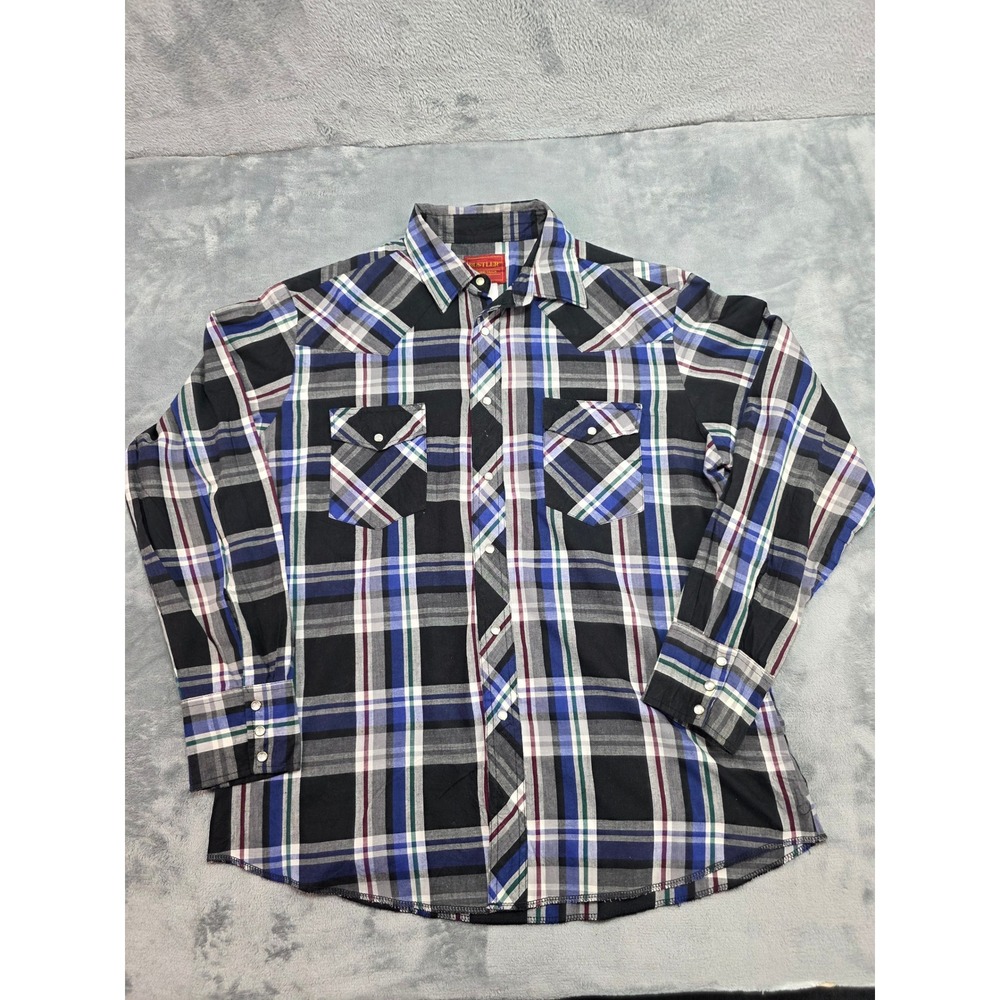 Rustler Mens Western Pearl Snap Shirt Sz L X-Long Tails Plaid Black Blue 75165RP